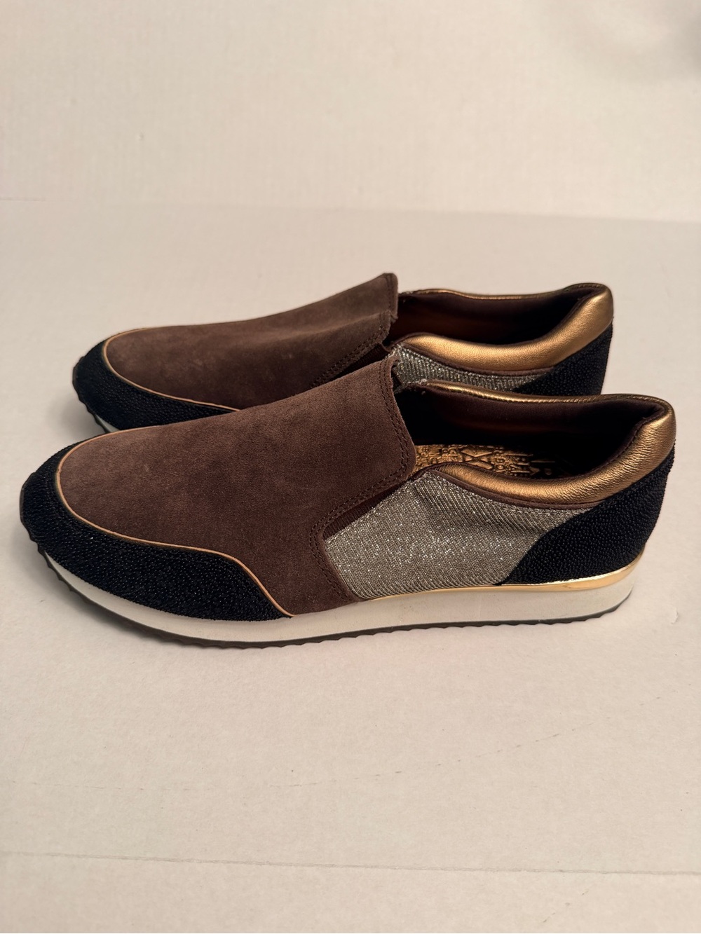 Karl Lagerfeld Brown Suede Slip-On Sneakers with Black and Gold Accents
